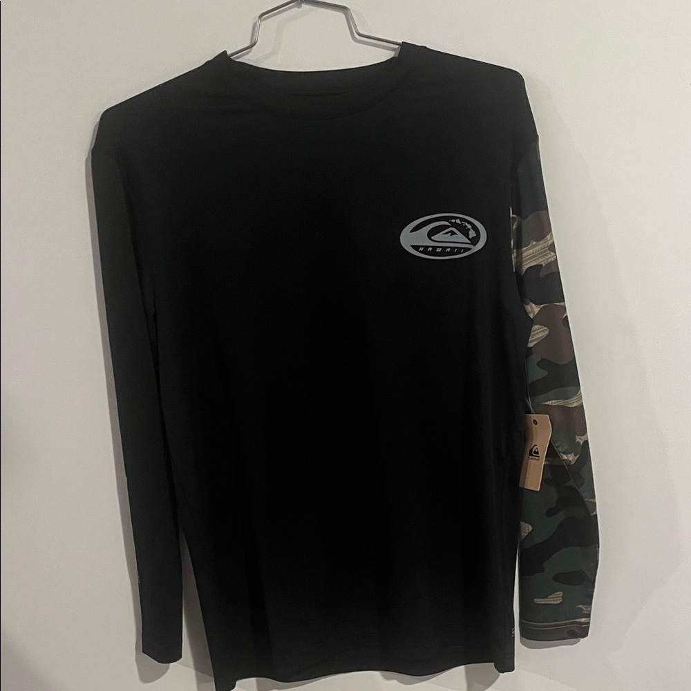 Quiksilver Black and Camouflage Sleeve Long Sleeve Tee